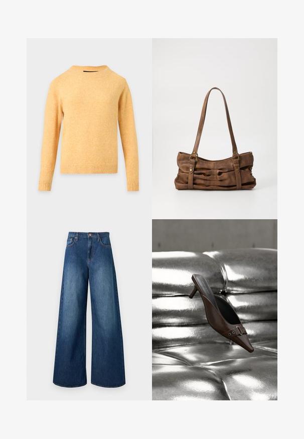 Langærmet gul strikket sweater med ribstrikket rund halsudskæring, manchetter og kant på en lysegrå baggrund.; Jeans i mørkeblåt denim med høj talje, brede ben, fem lommer, bæltestropper og kobberknaplukning.; Brun spids tå hæl mule med spænde detalje svævende over en skinnende sølv tuftet læderoverflade.; Even&Odd Håndtasker - brown