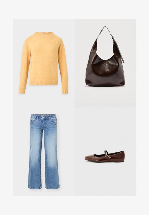 Pull tricoté jaune à manches longues avec col rond, poignets et ourlet côtelés sur fond gris clair.; Jean en denim bleu clair avec une jambe légèrement évasée, style cinq poches, et une fermeture avant à boutons et zip.; Ballerine en cuir verni marron avec un bout carré et une lanière ornée d'une petite boucle dorée. Texture lisse, talon bas et design minimaliste.; Sac à bandoulière en cuir marron foncé brillant avec une seule large sangle et un détail de boucle sur un côté, posé sur un fond clair uni.
