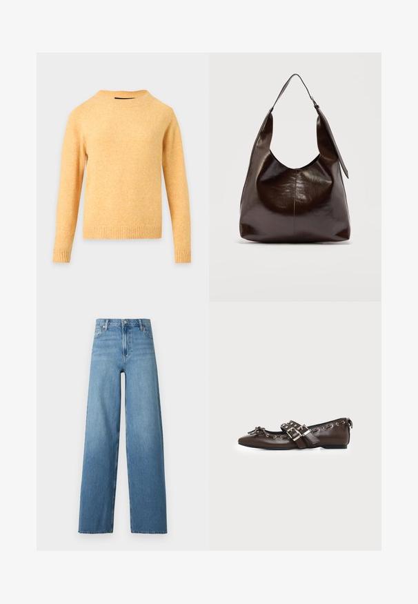 Pull tricoté jaune à manches longues avec col rond, poignets et ourlet côtelés sur fond gris clair.; Jean en denim bleu taille haute avec jambes larges, fermeture avant à bouton et fermeture éclair, et design classique à cinq poches.; Chaussure plate en cuir marron foncé avec bout pointu, doubles brides à boucles argentées, œillets métalliques et nœud décoratif à l'avant.; Sac à bandoulière en cuir marron foncé brillant avec une seule large sangle et un détail de boucle sur un côté, posé sur un fond clair uni.