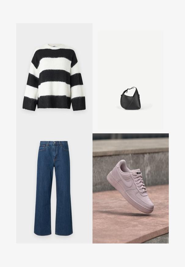 Suéter a rayas blanco y negro con un corte holgado, cuello redondo y mangas largas; hecho de un material suave y peludo.; Jeans de denim de pierna ancha en azul intermedio, con una cintura alta, bolsillos frontales y detalles de costura sutiles. Textura suave con dobladillos redondeados.; Zapatilla Nike Air Force 1 de color rosa claro flotando sobre una superficie de hormigón con tono rosado y una pared de piedra gris en el fondo.; Bolso de hombro de cuero negro con forma triangular redondeada y correa ajustable sobre un fondo liso y claro.