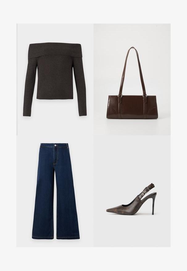 Pull en rib en gris foncé à épaules dénudées avec des manches longues, doté d'un décolleté large et d'un motif de tissu texturé.; Jeans en denim à jambe large de couleur bleu foncé avec des coutures dorées, dotés d'une fermeture à bouton et à fermeture éclair à l'avant, et d'un design classique à cinq poches.; Chaussure à talon haut slingback en cuir marron, à bout pointu, avec une sangle réglable et un talon aiguille noir sur fond uni.; Sac à main en cuir verni marron de forme rectangulaire, avec deux longues poignées et des accents courbés subtils à l'avant.