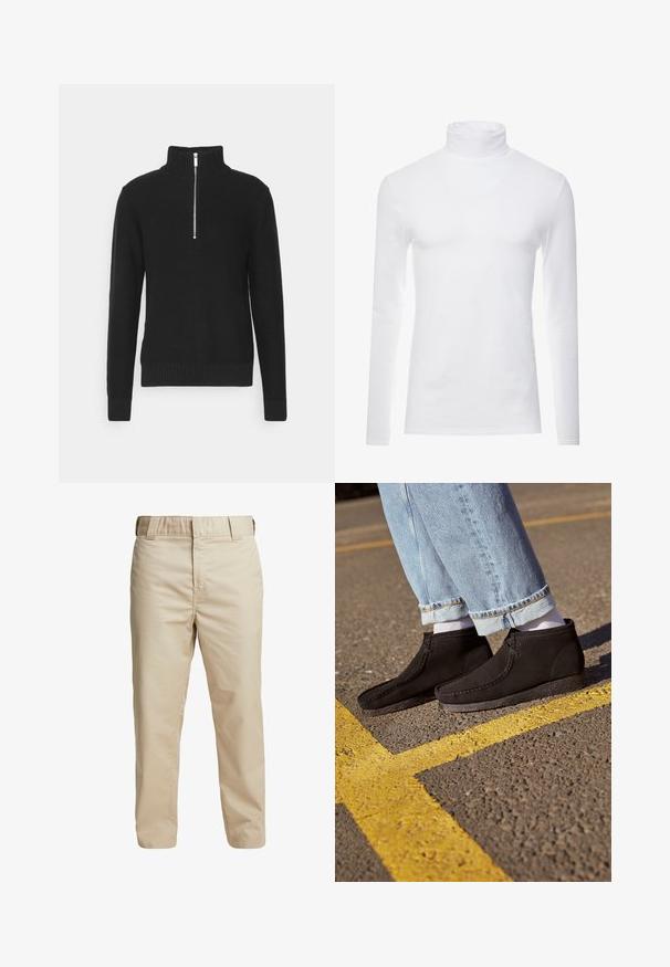 Zwart gebreide pullover met een hoge kraag, ritssluiting, geribde manchetten en zoom, met een gladde textuur en een getailleerd silhouet.; Witte lange mouw turtleneck-shirt gemaakt van zachte, rekbare stof. Heeft een hoge kraag en een aangesloten ontwerp, wat zorgt voor een gestroomlijnde uitstraling.; Beige katoenen broek met een slim fit, rechte pijpen en riemlussen; gladde textuur en minimalistisch ontwerp zonder zichtbare accentueringen.; Zwarte suède enkellaarsjes met een gladde textuur, een gebogen neus en gestikte details. Combinatie met lichtblauwe opgerolde jeans en witte sokken.