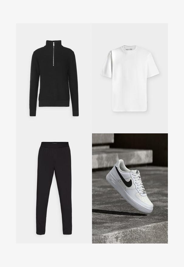 Sudadera de punto negra con un cuello alto, cierre de cremallera, puños y dobladillo acanalados, presentando una textura suave y una silueta ajustada.; Camiseta blanca lisa de manga corta y cuello redondo, colocada extendida sobre un fondo gris claro con una pequeña etiqueta de marca dentro del cuello.; Pantalones negros ajustados con cintura elástica, fabricados en un tejido ligero y suave, sin patrones visibles ni detalles de herrajes.; Zapatilla blanca Nike Air Force 1 con el logo Swoosh negro, cordones atados, posicionada en el aire sobre una superficie de concreto texturizado al aire libre.