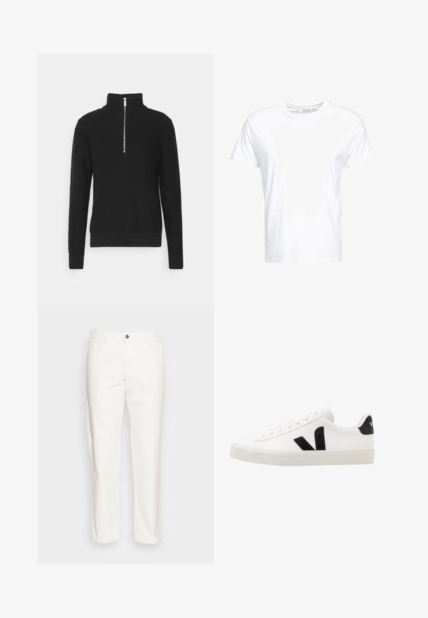 Zwart gebreide pullover met een hoge kraag, ritssluiting, geribde manchetten en zoom, met een gladde textuur en een getailleerd silhouet.; Witte katoenen t-shirt met een ronde hals en korte mouwen, in een klassiek model met een gladde textuur. Geen patronen of hardware zichtbaar.; Witte katoenen broeken met een rechte pijp, voorzien van voorzakken, een enkele knoopsluiting en een zachte textuur.; Witte leren sneaker met zwarte suède accenten; voorzien van een rubberen zool, ronde neus en een klassieke vetersluiting. Zijkant met logo in het zwart.