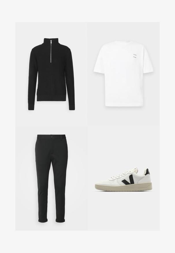 Sort strikket pullover med høj krave, lynlås lukning, ribbede mansjetter og søm, med en glat tekstur og en tætsiddende silhuet.; Hvid bomulds t-shirt med en afslappet pasform, korte ærmer og V-udskæring. Har to små sorte trykte logoer på venstre side.; Sorte bukser lavet af et glat stof med lige pasform. Har en enkelt knaplukning og opspejdede manchetter.; Hvide lædersneakers med sort V-logo, perforeret tå, cremet gummisål, flade snørebånd og minimalistisk design.