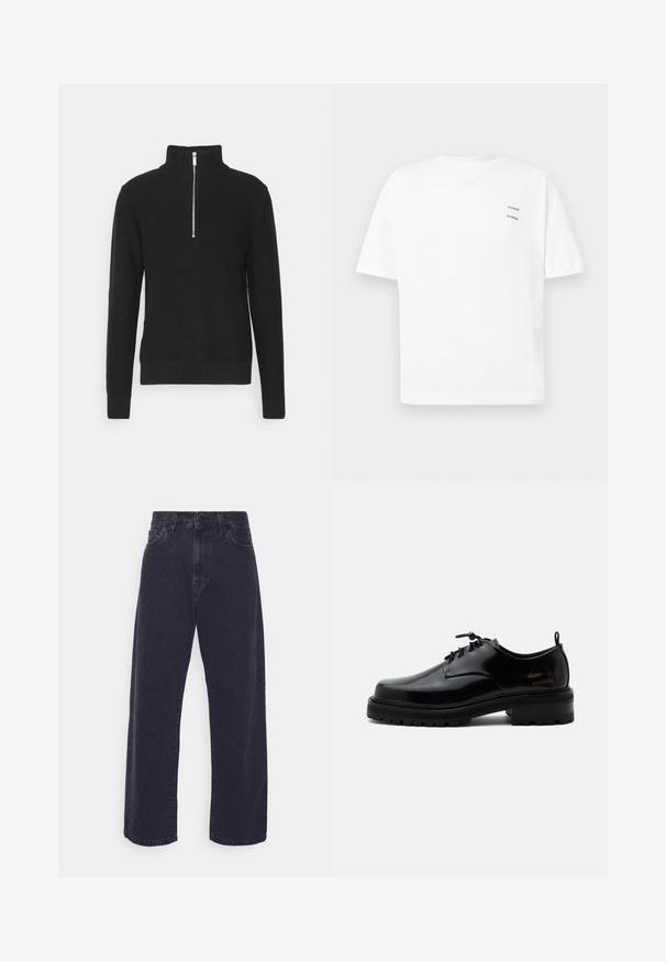 Zwart gebreide pullover met een hoge kraag, ritssluiting, geribde manchetten en zoom, met een gladde textuur en een getailleerd silhouet.; Witte katoenen t-shirt met een relaxed fit, korte mouwen en een V-hals. Bevat twee kleine zwarte bedrukte logo's aan de linkerkant.; Donker gewassen denim jeans met een wijde pasvorm, hoge taille en vijf-pocket ontwerp. Beschikt over een klassieke knoop- en ritssluiting.; Zwarte gepolijste leren veterschoen met dikke rubberen zool en lage hak, zijmerktekst "SAMSOE" en een achterste aantreklus.