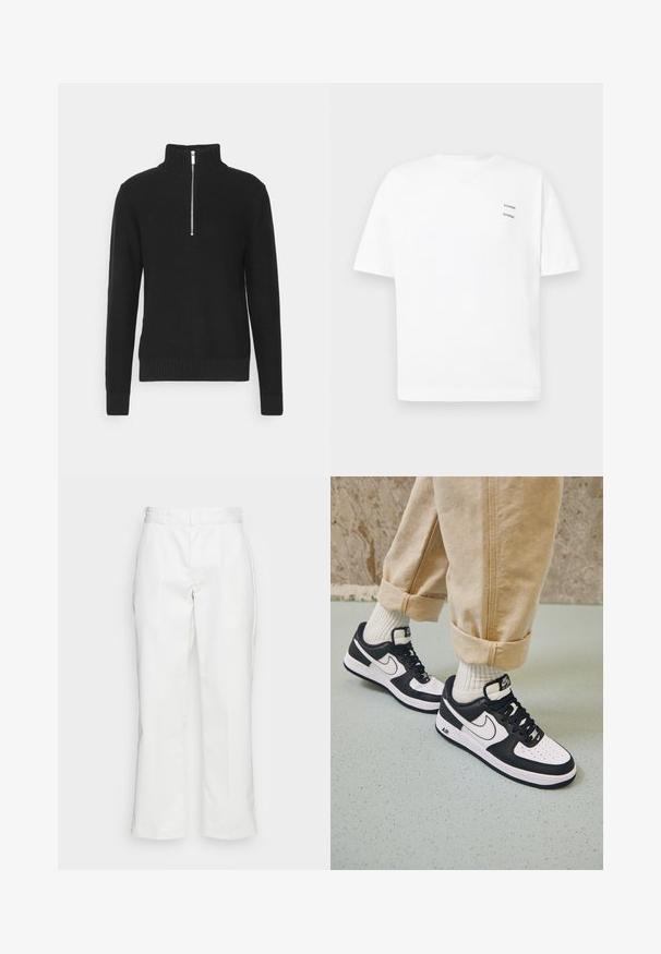 Sudadera de punto negra con un cuello alto, cierre de cremallera, puños y dobladillo acanalados, presentando una textura suave y una silueta ajustada.; Camiseta de algodón blanca con un corte relajado, mangas cortas y escote en V. Presenta dos pequeños logotipos negros impresos en el lado izquierdo.; Pantalones de algodón blancos con un diseño de pierna recta, presillas para el cinturón y bolsillos laterales, con una textura suave y un detalle mínimo.; Zapatillas Nike Air Force 1 en blanco y negro con parte superior de cuero, puntera perforada y detalle de suela texturizada, combinadas con pantalones beiges remangados y calcetines blancos.
