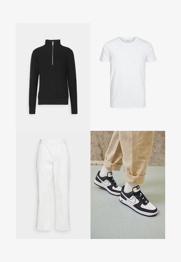 Sort strikket pullover med høj krave, lynlås lukning, ribbede mansjetter og søm, med en glat tekstur og en tætsiddende silhuet.; Rundhals kortærmet t-shirt i ensfarvet hvid, lavet af blød bomuld, har et simpelt design uden synlige mønstre eller detaljer.; Hvide bomuldsbukser med lige ben-design, bæltestropper og sidelommer, med en glat overflade og minimal detajlering.; Sorte og hvide Nike Air Force 1 sneakers med læderoverdel, perforeret tå og tekstureret såldetalje, båret med rullede beige bukser og hvide sokker.