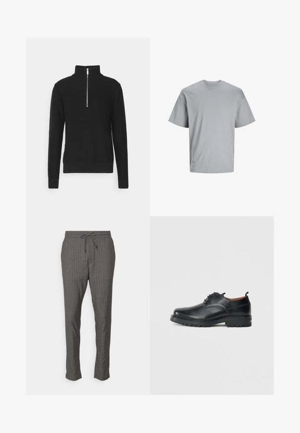 Sort strikket pullover med høj krave, lynlås lukning, ribbede mansjetter og søm, med en glat tekstur og en tætsiddende silhuet.; Lysegrå kortærmet t-shirt lavet af glat bomuldsstof, med rund hals og en afslappet pasform uden synlige mønstre eller logoer.; Only & Sons ONSLINUS TAP STRIPE PANT - Bukser - medium grey melange; Sorte læder derby-sko med en glat overflade, rund tå, snøre-design og en tyk, robust gummisål.