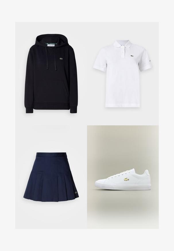 Sort hættetrøje lavet af blødt stof, med en kængurulomme, snor i hætten, ribbede manchetter og et lille grønt krokodillelogo på brystet.; Hvid polo-shirt med korte ærmer med to knapper, en lille grøn krokodille-logo på venstre bryst og et diskret sort logo på venstre ærme.; Mørkeblå plisseret nederdel med en tætsiddende talje, lavet af et glat stof. Har et lille Lacoste-logo i kanten.; Hvid sneaker lavet af glat læder med en rund tå, flade snørebånd og et lille guld logo. Har en struktureret gummisål og et enkelt design.