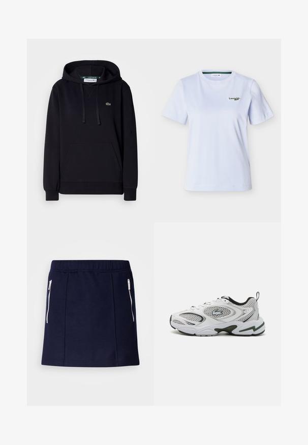 Schwarzer Hoodie aus weichem Stoff, mit einer Kängurutasche, Kapuze mit Kordelzug, gerippten Bündchen und einem kleinen grünen Krokodillogo auf der Brust.; Weißes, kurzärmeliges T-Shirt mit Rundhalsausschnitt und kleinem, grünem Lacoste-Logo, das auf der linken Brust stickiert ist.; Navyblauer Rock aus weichem Stoff, mit weißen Reißverschlusstaschen, einem figurschmeichelnden Schnitt und einer glatten Textur. In knielanger Länge.; Weiße Sportschuhe mit Netzpanelen, schwarzen Akzenten und einer strukturierten Sohle. Sie bieten ein schlankes Design und ein auffälliges Logo an der Seite.
