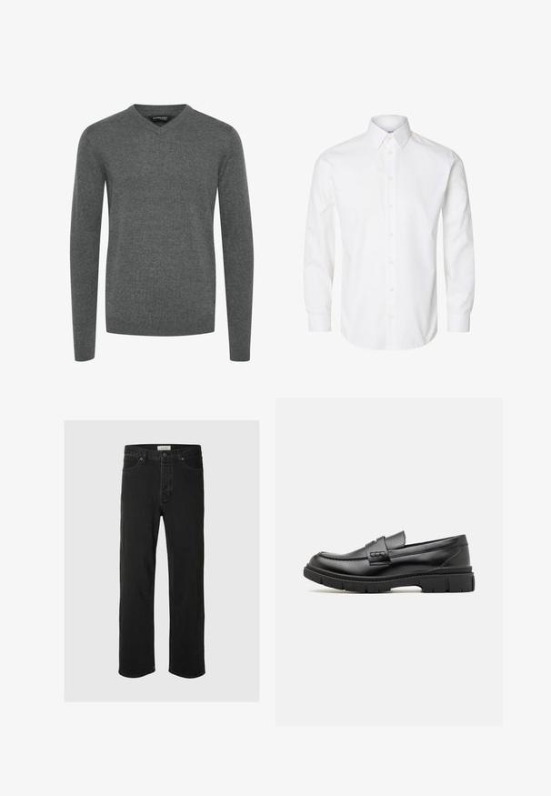 Pull en V gris avec des manches longues, en tissu tricoté lisse. Doté de poignets et d'un ourlet côtelés, design minimaliste, sans motifs ni ornements.; Chemise blanche à manches longues avec boutons, col pointu, boutons visibles sur le devant et poignets fermés par des boutons.; Des jeans en denim noir à coupe droite disposent d'un design classique à cinq poches avec fermeture à bouton, de coutures minimales et d'une texture douce.; Mocassin en cuir noir avec une large sangle sur le devant, semelle en caoutchouc à épaisse rainure, et texture lisse. Design classique et élégant.