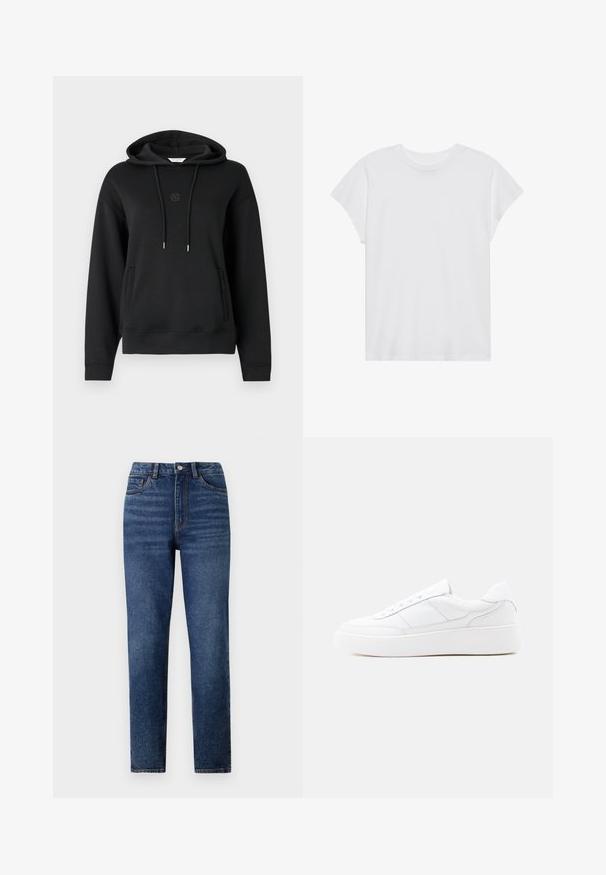 Sort hættetrøje lavet af blødt materiale, med en frontlomme, snore og et diskret logo broderet på brystet.; Hvid kortærmet t-shirt med rund hals, afslappet pasform, lavet af blødt bomuldsstof. Glat tekstur, ingen mønstre eller logoer.; Højtaljede blå denimjeans med lige ben, der har subtil slidmærkning, enkelt knaplukning og fem-lomme design.; Hvid lavtop-sneaker med tyk sål, snørelukning og diskrete syningsdetaljer på en ensfarvet lys baggrund.