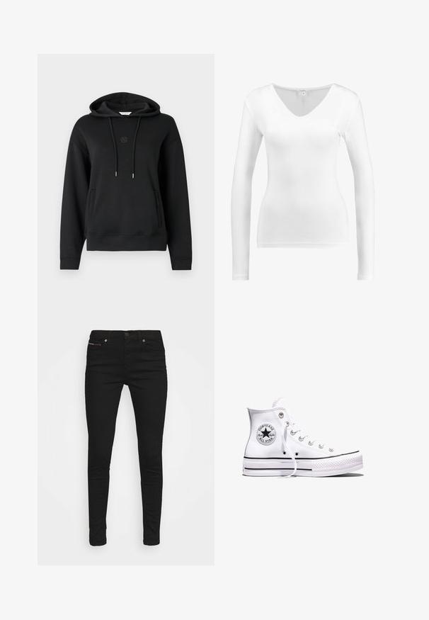 Zwarte hoodie van zacht materiaal, met een voorzak, koordjes en een subtiele geborduurde logo op de borst.; Witte lange mouwen V-hals top van een soepele, lichte stof; aangesloten ontwerp zonder extra patronen of hardware-details.; Zwarte slim-fit jeans met vijf zakken en knoopsluiting, weergegeven tegen een witte achtergrond.; Witte Converse Chuck Taylor All Star sneaker met hoge schacht, zwarte strepen en logo-patch aan de zijkant, weergegeven tegen een effen witte achtergrond.