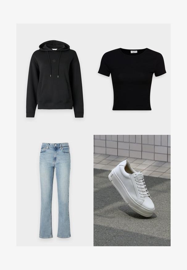 Sort hættetrøje lavet af blødt materiale, med en frontlomme, snore og et diskret logo broderet på brystet.; Sort kortærmet t-shirt lavet af glat bomuldsstof, med rund halsudskæring og en tætsiddende pasform. Minimalistisk uden synlige mønstre.; Lyseblå denimjeans med høj talje, lige ben og let flare ved sømmen. Har bæltestropper samt for- og baglommer.; Hvide lædersneakers med lavt design, flade snører, rund tå og strukturerede sider. Tyk gummisål med diskrete detaljer.