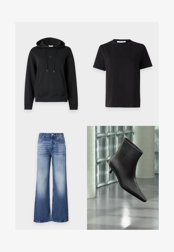 Zwarte hoodie van zacht materiaal, met een voorzak, koordjes en een subtiele geborduurde logo op de borst.; Zwart T-shirt met korte mouwen, gemaakt van zachte katoen, met een ronde hals, een ontspannen pasvorm en een gladde textuur. Geen zichtbare patronen of opdrukken.; Lichtblauwe wijde jeans gemaakt van denim, met een hoge taille, vervagende textuur en een merkpatch op de achterzak.; Zwarte leren enkellaars met puntige neus en lage hak, afgebeeld tegen een glazen blokkenmuur en gepolijste vloer op de achtergrond.