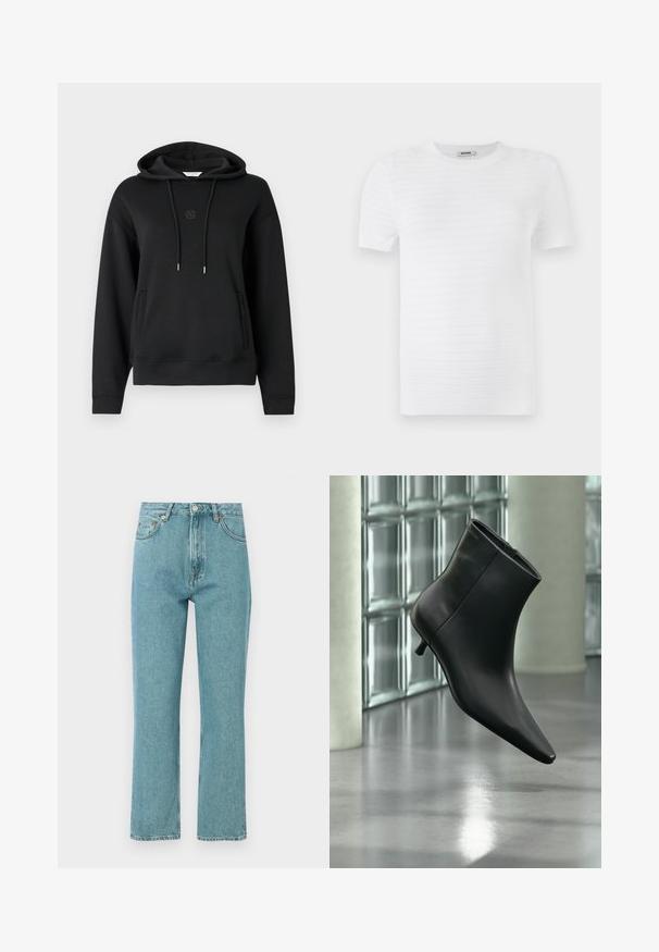 Sort hættetrøje lavet af blødt materiale, med en frontlomme, snore og et diskret logo broderet på brystet.; Hvid kortærmet t-shirt lavet af struktureret stof med et ribbet mønster. Designet har en rund udskæring og en lige pasform.; Lyseblå, høj talje jeans med lige ben-design. Lavet af denim, featuring forlommer og knaplukning.; Sort læderankelstøvle med spids tå og lav kitten-hæ, vist vinklet mod en poleret gulv- og glasblokvæg.