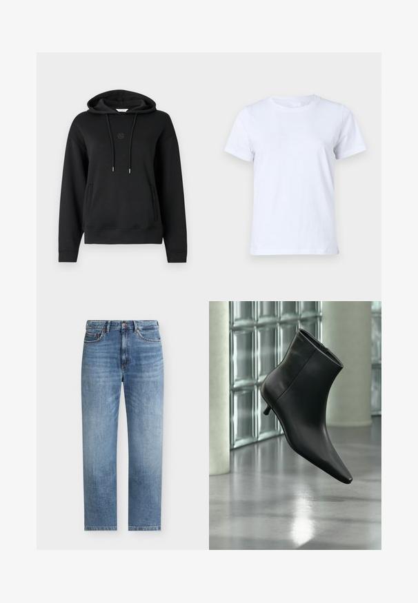 Zwarte hoodie van zacht materiaal, met een voorzak, koordjes en een subtiele geborduurde logo op de borst.; Witte katoenen T-shirt, korte mouwen, klassiek ronde hals ontwerp, effen textuur zonder patronen of accenten, standaard pasvorm, eenvoudig en veelzijdig.; Lichtblauwe recht gesneden spijkerbroek met vijf zakken, knoopsluiting en subtiele vervaagde details aan de voorkant van de dijen.; Zwarte leren enkellaars met spits toelopende neus en lage kittenhak, schuin weergegeven tegen een gepolijste vloer en een glazen blokken muur als achtergrond.