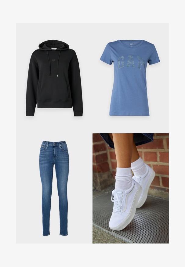 Zwarte hoodie van zacht materiaal, met een voorzak, koordjes en een subtiele geborduurde logo op de borst.; Blauw katoenen T-shirt met een ronde halslijn en korte mouwen, met een opvallend "GAP"-logo in een textuurdesign over de voorkant.; Dunne blauwe spijkerbroeken van denim stof. Voorzien van een hoge taille, vijf zakken en een metalen knoopsluiting. Effen kleur met lichte vervaging.; Witte canvas sneakers met rubberen zolen, voorzien van zes vetertjes, een ronde neus en lichte stikdetails, gecombineerd met witte enkelsokken.