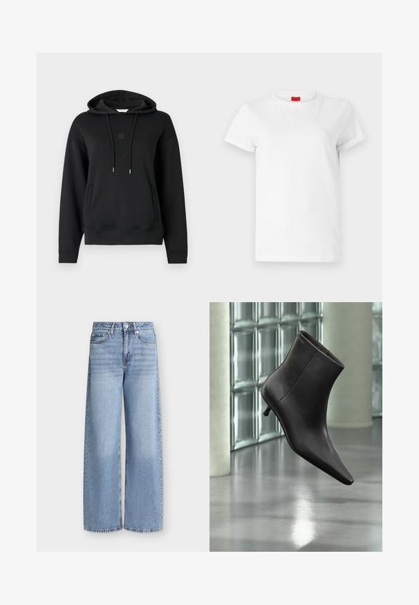 Sort hættetrøje lavet af blødt materiale, med en frontlomme, snore og et diskret logo broderet på brystet.; Hvid kortærmet t-shirt lavet af letvægts bomuld. Har en rund halsudskæring og rullede ærmer. Rød logoetiket på kraven.; Lyseblå vidde jeans med forlommer, bæltestropper, knaplukning og falmede detaljer på lårene.; Sort læderankelstøvle med spids tå og lille hæl vist mod en væg af glasblokke og poleret gulv baggrund.