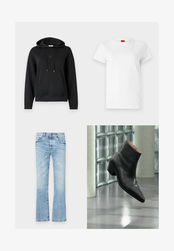 Zwarte hoodie van zacht materiaal, met een voorzak, koordjes en een subtiele geborduurde logo op de borst.; Witte T-shirt met korte mouwen, gemaakt van lichtgewicht katoen. Heeft een ronde hals en opgerolde mouwen. Rode merketiket op de kraag.; Lichtblauwe flared jeans van denim. Heeft een vervaagde wassing, een gescheurd stuk, vijf zakken en een knoopsluiting in de taille.; Zwarte leren enkellaars met een spitse neus en blokhak die zweeft boven een reflecterende grijze vloer nabij een glazen blokmuur.