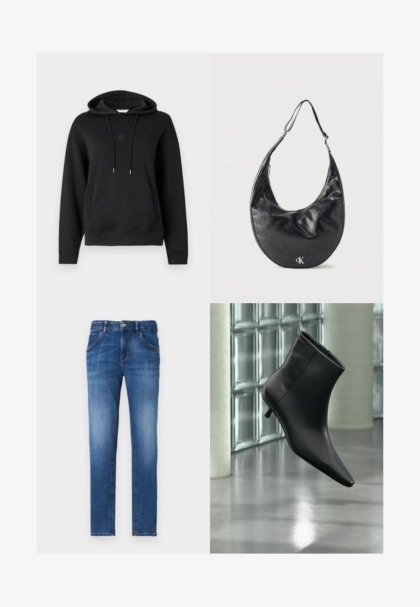 Sort hættetrøje lavet af blødt materiale, med en frontlomme, snore og et diskret logo broderet på brystet.; Slim-fit blå denimjeans med en falmet finish, fem lommer, frontlukkebutton og kontrasterende syninger.; Sort læderankelstøvle med spids tå og lav kitten-hæ, vist vinklet mod en poleret gulv- og glasblokvæg.; Sort læder skuldertaske i halvmåneform med justerbar rem og sølvfarvet "cK"-logo foran, mod hvid baggrund.