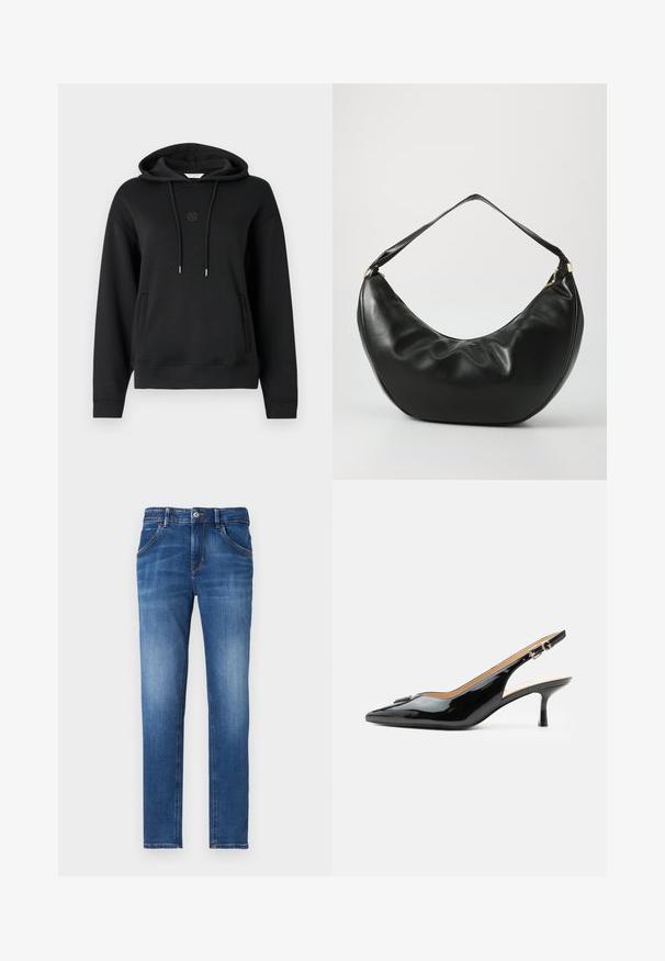 Zwarte hoodie van zacht materiaal, met een voorzak, koordjes en een subtiele geborduurde logo op de borst.; Slim-fit blauwe denim jeans met een vervaagde afwerking, vijf zakken, een knoopsluiting aan de voorkant en contrasterende stikseldetails.; Zwarte lakleren slingback hak met spitse neus, kleine kittenhak en zilveren gespsluiting op een effen witte achtergrond.; Zwarte leren schoudertas met een gebogen vorm, zachte textuur en een enkele schouderband; beschikt over een gouden rits en subtiele branding.