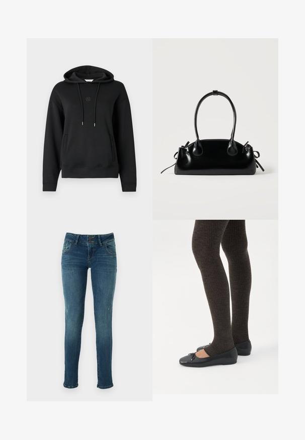 Sort hættetrøje lavet af blødt materiale, med en frontlomme, snore og et diskret logo broderet på brystet.; Slanke blå denim jeans med en falmet finish, to-knaps lukning, fem lommer og let slidte detaljer nær knæene.; Ben iført mørke ribbede leggings kombineret med sorte balletsko med små sløjfedetaljer på hvid baggrund.; Lille sort blank håndtaske med to lange håndtag og snøre-detaljer i siden på en ensfarvet lys baggrund.