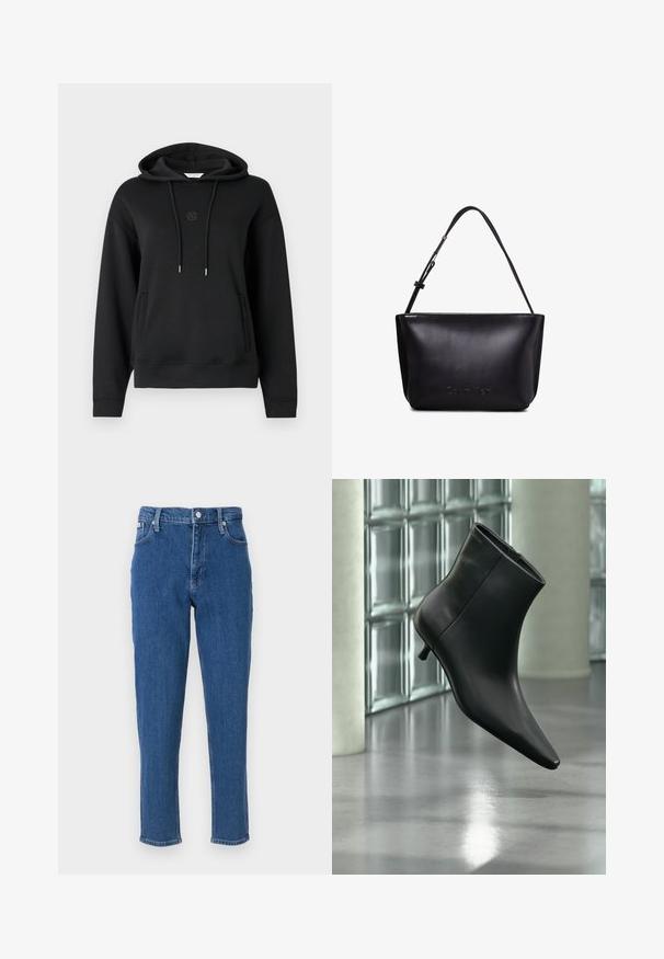 Sort hættetrøje lavet af blødt materiale, med en frontlomme, snore og et diskret logo broderet på brystet.; Blå denim jeans med høj talje, lynlås, fem lommer, lige ben og en diskret fadet tekstur, samt en ren sømfinish.; Sort læderankelstøvle med spids tå og lav kitten-hæ, vist vinklet mod en poleret gulv- og glasblokvæg.; Sort læderhåndtaske med et struktureret design, justerbar rem og præget logo. Glat tekstur og minimalistisk stil.