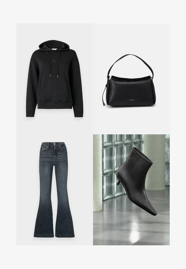 Sort hættetrøje lavet af blødt materiale, med en frontlomme, snore og et diskret logo broderet på brystet.; Good American ALWAYS FITS GOOD LEGS FLARE TROUSER - Flared jeans - indigo; Sort læderankelstøvle med spids tå og lille hæl vist mod en væg af glasblokke og poleret gulv baggrund.; Sorte læderhåndtaske med en buet form, en enkelt skulderrem og lynlås lukning øverst. Har et diskret logo på fronten til branding.