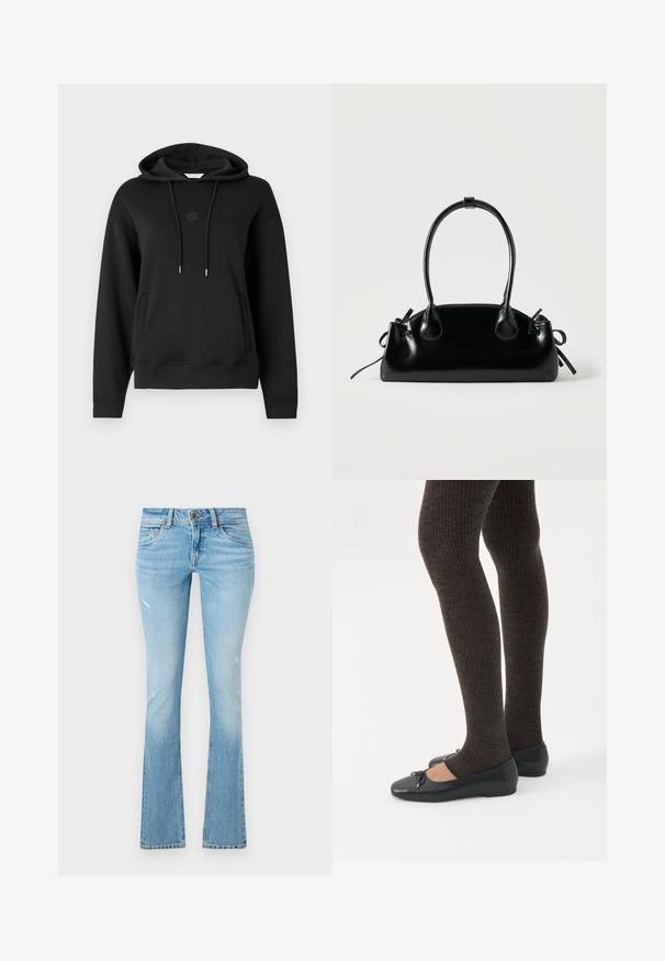 Zwarte hoodie van zacht materiaal, met een voorzak, koordjes en een subtiele geborduurde logo op de borst.; Lichtblauwe spijkerbroek met uitlopende pijpen, lichte vervaging, verknipte kniedetails, vijf zakken en een knoopsluiting bij de taille.; Benen met donkere geribbelde leggings gecombineerd met zwarte ballerina's met kleine strikdetails op een witte achtergrond.; Kleine zwarte glanzende handtas met twee lange hengsels en zijkant trekkoord details op een effen lichte achtergrond.