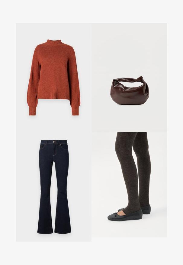Pull en tricot à manches longues de couleur rouille avec un col montant, des poignets et un ourlet côtelés, présenté sur un fond blanc uni.; Jean évasé bleu marine en denim, avec une taille ajustée, un design classique à cinq poches et des coutures contrastantes le long des coutures.; Jambes portant des leggings côtelés foncés associés à des ballerines noires avec de petits détails en nœud sur fond blanc.; Sac bandoulière en cuir marron foncé avec une forme souple et décontractée et une anse nouée torsadée sur un fond blanc uni.