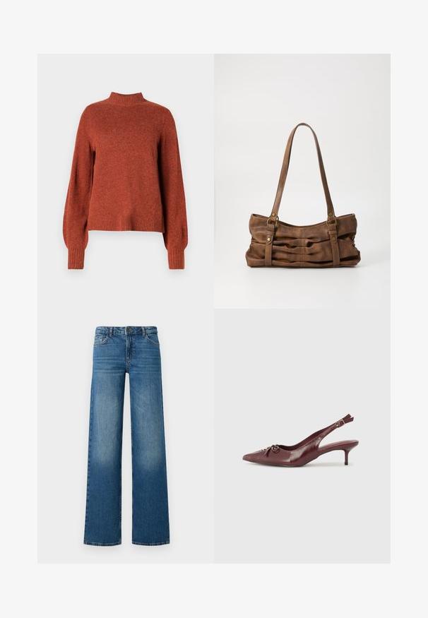 Rustfarvet langærmet strikket sweater med ribbet høj hals, manchetter og kant, vist mod en ensfarvet hvid baggrund.; Bredde ben blå jeans med en falmet vask, fem lommer og en knaplukning. Fremstillet af denim med en glat, robust tekstur.; Bordeaux læder slingback hæl med spidse tå, justerbar rem og dekorativ sløjfedetalje foran. 7,5 cm hælhøjde.; Even&Odd by Zalando Håndtasker - brown