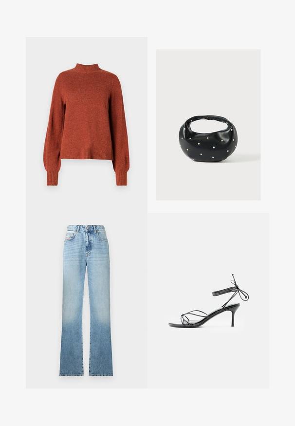 Rustfarvet langærmet strikket sweater med ribbet høj hals, manchetter og kant, vist mod en ensfarvet hvid baggrund.; Lyseblå denim flared jeans med en falmet finish, der har fem lommer, knaplukning og et klassisk linningdesign.; Sort højhælet sandal med tynde stropper omkring anklen og en mellemhøj stilethælt på en hvid baggrund.; Sort læderhåndtaske med en rundet form, dekoreret med sølvnitter, og et kort håndtag. Glat tekstur og lynlåslukning.