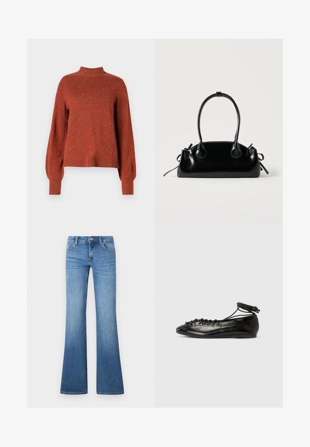 Pull en tricot à manches longues de couleur rouille avec un col montant, des poignets et un ourlet côtelés, présenté sur un fond blanc uni.; Jean flare bleu clair en denim. Comprend un design à cinq poches, une fermeture par bouton métallique et un léger délavage près des genoux.; Ballerines en cuir verni noir avec un bout rond, un design à lacets et une semelle plate. Texture lisse avec peu de détails.; Petit sac à main noir brillant avec deux longues anses et des détails à cordon sur les côtés sur un fond clair uni.