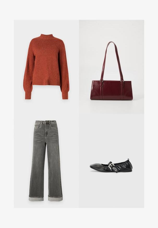 Rustfarvet langærmet strikket sweater med ribbet høj hals, manchetter og kant, vist mod en ensfarvet hvid baggrund.; Grå denimjeans med vide ben, høj talje, fem lommer og opbukket kant. Stoffet har en let slidte struktur med synlige syninger.; Sorte læder flade sko med spids tå, samling detaljer omkring åbningen, og en sølv spænde accent på den justerbare rem.; Bordeaux håndtaske lavet af glansfuldt materiale, rektangulær form, med to skulderremme og subtile buede detaljer på forsiden.