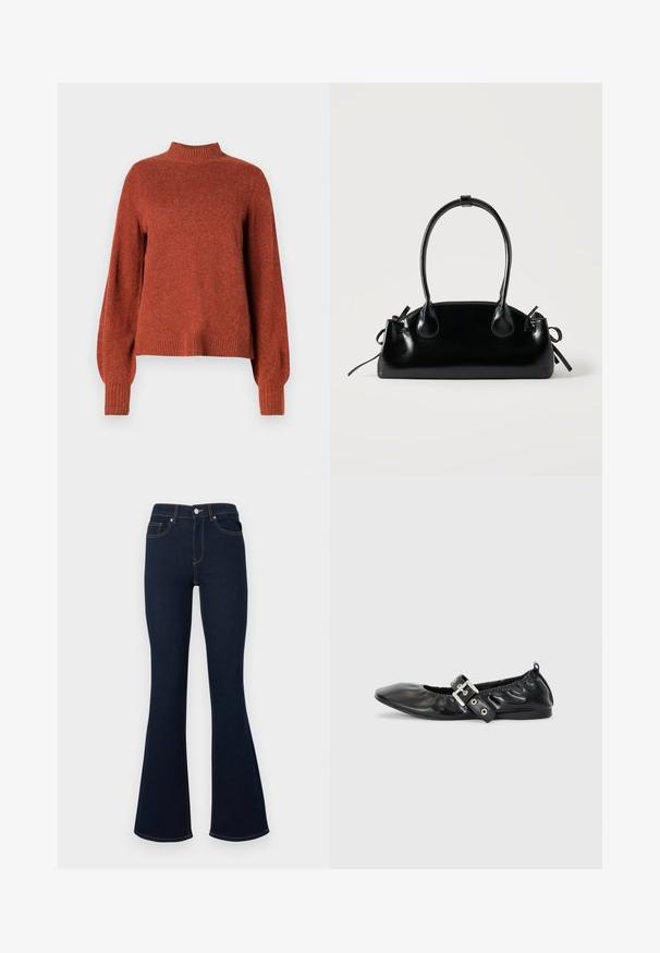 Rustfarvet langærmet strikket sweater med ribbet høj hals, manchetter og kant, vist mod en ensfarvet hvid baggrund.; Mørkeblå udvidede jeans med høj talje, forlommer og kontrastsyninger, lavet af denimstof med en glat tekstur.; Sorte læder flade sko med spids tå, samling detaljer omkring åbningen, og en sølv spænde accent på den justerbare rem.; Lille sort blank håndtaske med to lange håndtag og snøre-detaljer i siden på en ensfarvet lys baggrund.