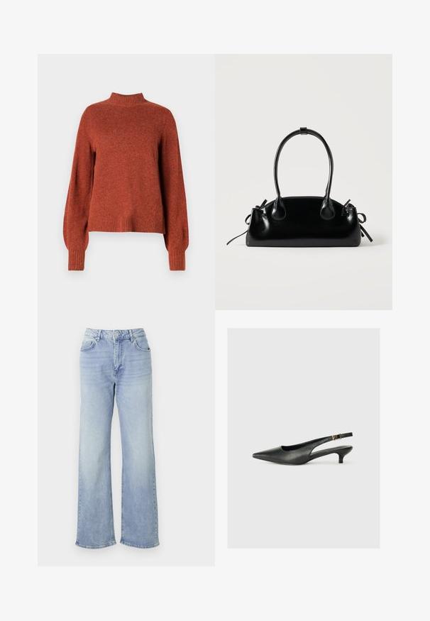 Rustfarvet langærmet strikket sweater med ribbet høj hals, manchetter og kant, vist mod en ensfarvet hvid baggrund.; Lyseblå vide jeans lavet af denim, med høj talje, fem lommer og en kant med subtilt slid.; Sorte spidse slingback-sko lavet af glat læder. Har en tynd hæl og en spænde detalje på den justerbare rem.; Lille sort blank håndtaske med to lange håndtag og snøre-detaljer i siden på en ensfarvet lys baggrund.