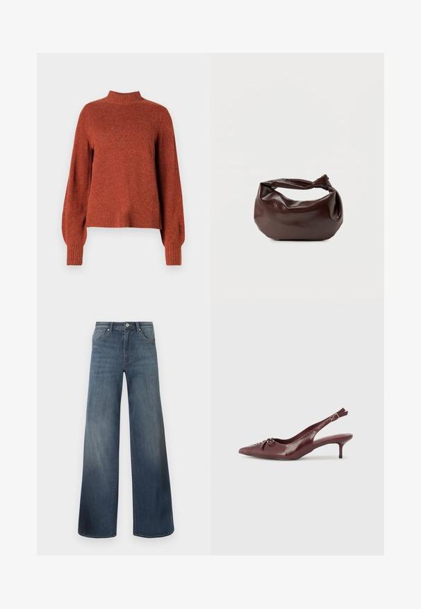 Rustfarvet langærmet strikket sweater med ribbet høj hals, manchetter og kant, vist mod en ensfarvet hvid baggrund.; Bredde denim jeans i mørkeblå, med en slidteknik, knaplukning og fem-lomme stil. Glat tekstur, minimal syning detaljer.; Bordeaux læder slingback hæl med spidse tå, justerbar rem og dekorativ sløjfedetalje foran. 7,5 cm hælhøjde.; Mørkebrun læder skuldertaske med en blød, afslappet form og et snoet knudehåndtag på en ensartet hvid baggrund.