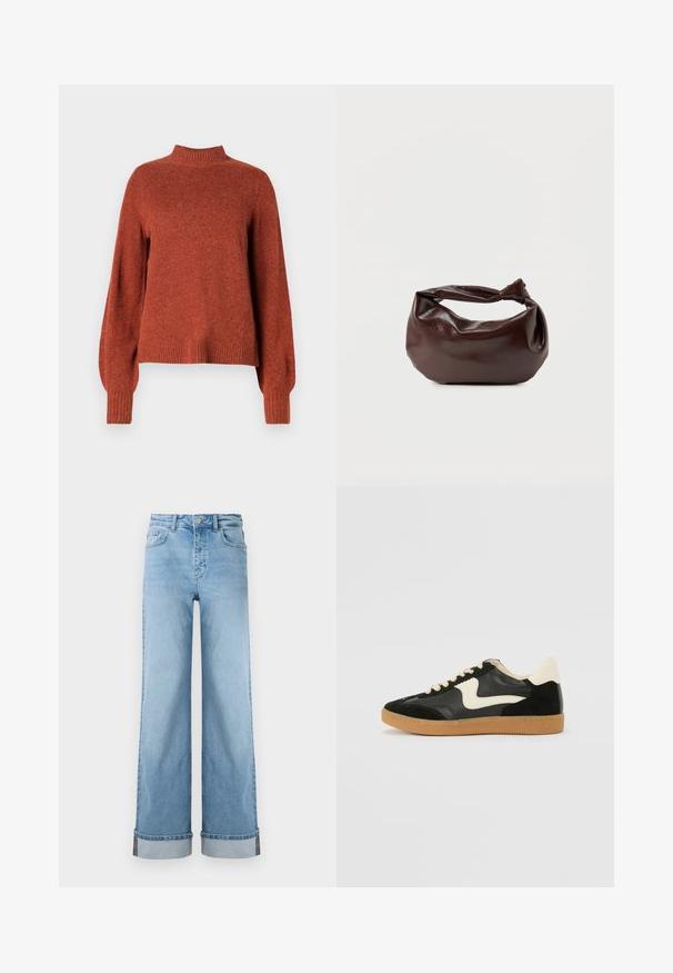 Rustfarvet langærmet strikket sweater med ribbet høj hals, manchetter og kant, vist mod en ensfarvet hvid baggrund.; Lyseblå, vide jeans i klassisk denim med høj talje, prydet med opbrettede kanter og synlig søm.; Sorte ruskinds- og lædersneakers med en cremefarvet side-swoosh og lys cremefarvet hæl. Har beige snørebånd og en gummirubber-sål.; Mørkebrun læder skuldertaske med en blød, afslappet form og et snoet knudehåndtag på en ensartet hvid baggrund.