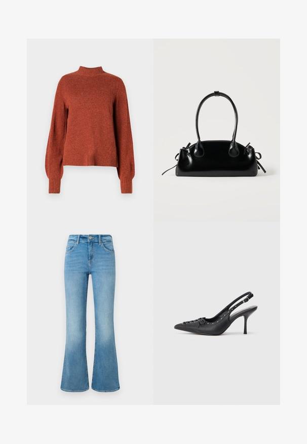 Rustfarvet langærmet strikket sweater med ribbet høj hals, manchetter og kant, vist mod en ensfarvet hvid baggrund.; Lyseblå denim flare jeans med forlommer, bæltestropper og knaplukning mod en hvid baggrund.; Sorte læder slingback stiletto med spids tå, side spændebånd, nitter langs kanten og dekorativ snøring foran.; Lille sort blank håndtaske med to lange håndtag og snøre-detaljer i siden på en ensfarvet lys baggrund.