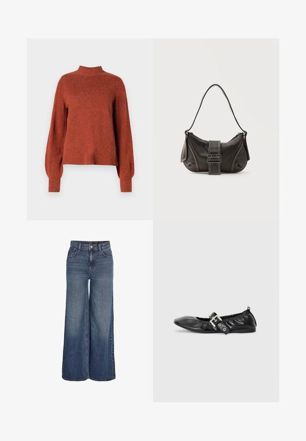 Rustfarvet langærmet strikket sweater med ribbet høj hals, manchetter og kant, vist mod en ensfarvet hvid baggrund.; Blå denimjeans med høj talje og vide ben, foran knapper, lynlås, bæltestropper og forlommer, vist på hvid baggrund.; Sorte læder flade sko med spids tå, samling detaljer omkring åbningen, og en sølv spænde accent på den justerbare rem.; Sort læder skuldertaske med spænde på remmen, afrundede kanter og kontrasterende hvide syninger på en ensfarvet baggrund.