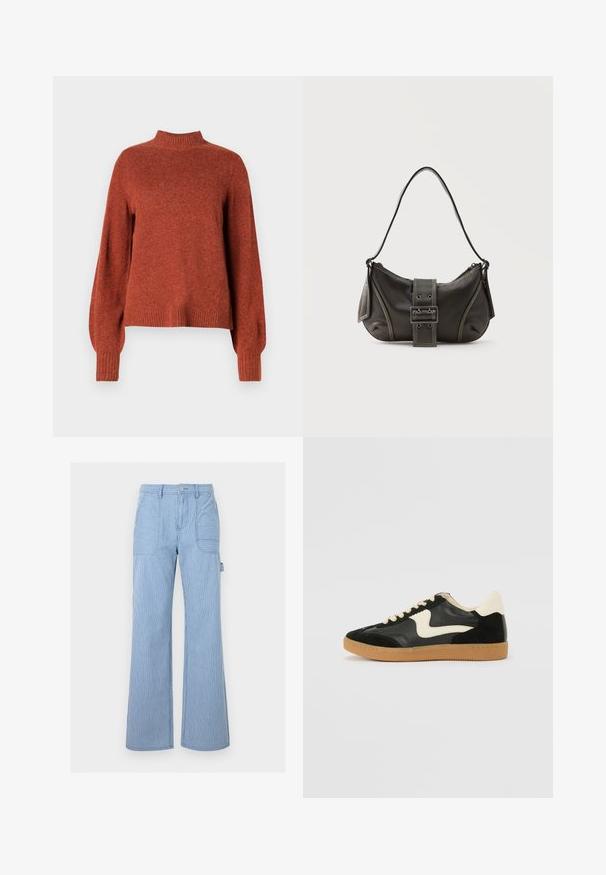 Pull en tricot à manches longues de couleur rouille avec un col montant, des poignets et un ourlet côtelés, présenté sur un fond blanc uni.; Pantalon large à rayures verticales bleues et blanches avec poches plaquées à l'avant et fermeture par bouton à la taille.; Baskets en daim et cuir noir avec un swoosh latéral crème et un talon crème clair. Dotées de lacets beige et d'une semelle en caoutchouc gomme.; Sac à épaule en cuir noir avec une sangle à boucle, des bords arrondis et des coutures blanches contrastées sur un fond uni.