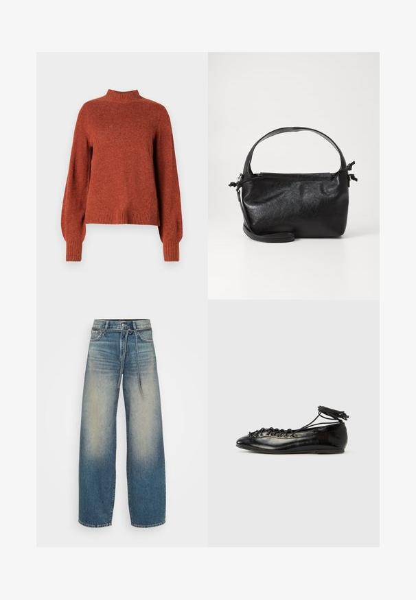 Pull en tricot à manches longues de couleur rouille avec un col montant, des poignets et un ourlet côtelés, présenté sur un fond blanc uni.; Jeans larges bleu clair avec un délavage, dotés d'une fermeture à bouton et à nouer, et d'un design classique à cinq poches.; Ballerines en cuir verni noir avec un bout rond, un design à lacets et une semelle plate. Texture lisse avec peu de détails.; Sac à main en cuir noir au design structuré, avec une poignée arrondie et une bandoulière amovible. Présente une texture lisse et un éclat subtil.