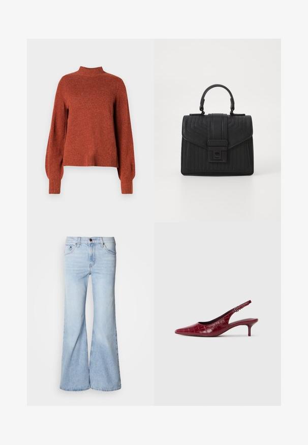 Rustfarvet langærmet strikket sweater med ribbet høj hals, manchetter og kant, vist mod en ensfarvet hvid baggrund.; Lyseblå vidde jeans med højtaljet design, lavet af denimstof, fem lommer og knaplukning. Benene er vide og har en let falmet finish.; Bordeaux læder slingback pumpe med krokodillestruktur, spidse tæer, justerbar spænde rem og lav kitten hæl på en hvid baggrund.; Sort læderhandtaske med kviltet tekstur, rektangulær form, topbærerhåndtag og en frontklap med en sølvfarvet spænde.