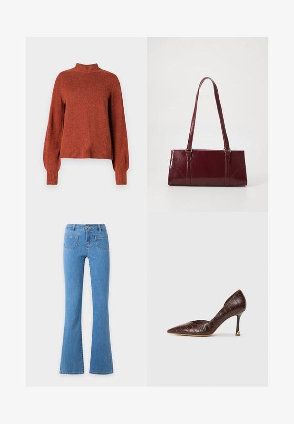 Pull en tricot à manches longues de couleur rouille avec un col montant, des poignets et un ourlet côtelés, présenté sur un fond blanc uni.; Jean denim bleu clair taille haute avec un bouton devant, deux poches plaquées à l'avant et un design de jambes évasées.; Chaussure à talon haut en cuir embossé crocodile marron avec un bout pointu et un talon fin, ornée d'un accent triangulaire doré.; Sac à main bordeaux en matériau brillant, de forme rectangulaire, avec deux anses et des accents légèrement courbés à l'avant.