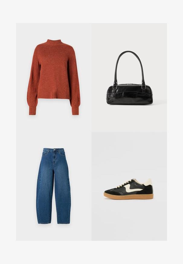 Rustfarvet langærmet strikket sweater med ribbet høj hals, manchetter og kant, vist mod en ensfarvet hvid baggrund.; Denimjeans i en mellemblå vask, med højt liv, bred benpasform og standard fem-lomme design med synlige stikninger.; Sorte ruskinds- og lædersneakers med en cremefarvet side-swoosh og lys cremefarvet hæl. Har beige snørebånd og en gummirubber-sål.; Sort læderhåndtaske med rektangulær form, der har et enkelt struktureret håndtag, sølvhardware og lynlås-lukning. Glat tekstur.