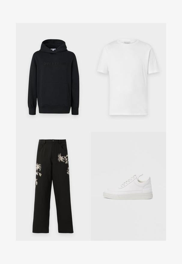 Must mustras, pehme materjal, üle pea tõmmatav disain, eesmine tasku, reljeefne "QUARTZ CO" logo rinnal, soonikkoes varrukad ja äär.; Valge lühikeste varrukatega T-särk, mis on valmistatud puuvillast. Omab ümarat kaelust ja sirget allääret. Ilma mustrite või kaunistusteta. Lihtne disain.; Mustad lai jalad püksid kreemitooni lillede tikanditega. Omavad eespool taskuid ja nööbilukku, valmistatud siledast kangast.; Valge nahast tennisking ümarate varvastega, tasase tallaga ja eespaelaga. Omab õmbluste detaile ning pehmet ääreosa mugavuse tagamiseks.