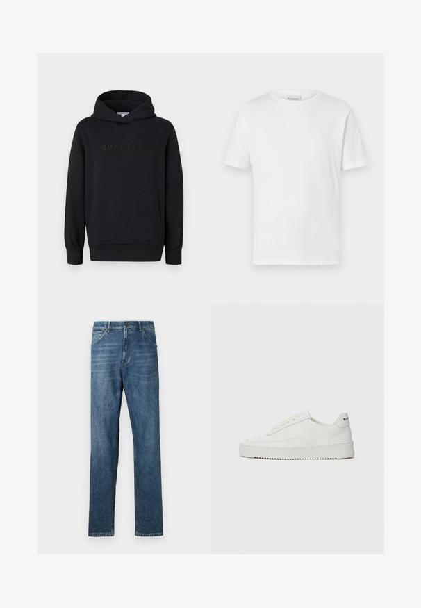 Zwarte hoodie, zachte stof, pullover ontwerp, voorzak in kangoeroestijl, reliëf 'QUARTZ CO' logo op de borst, ribgebreide manchetten en onderkant.; Witte t-shirt met korte mouwen van katoen. Heeft een ronde halslijn en een rechte zoom. Geen patronen of versieringen. Eenvoudig ontwerp.; Donkerblauwe denim jeans, recht model, vijf-pocket stijl, zichtbare stiksels, en een klassieke knoopsluiting. Lichte wassingseffect op de stof.; Witte leren sneaker met een gladde afwerking, ronde neus, platte veters en een gestructureerde zool. Kenmerkt zich door een subtiel logo op de hiel.