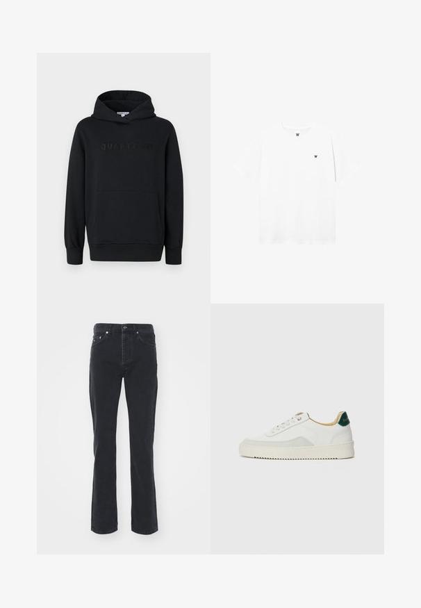 Sort hættetrøje, blødt materiale, pullover-design, frontlomme til hænderne, præget "QUARTZ CO" logo på brystet, ribbede manchetter og kant.; Hvid kortærmet t-shirt med rund hals og lille cirkulært logo, der viser et sort "W" på venstre brystområde.; Sorte denimjeans med lige ben-design, der har fem lommer og knappelukning. Stoffet har en subtil tekstur og en robust overflade.; Hvide sneakers med ruskindsdetaljer, rund tå, flade snørebånd og en cremet gummisål. Har grøn branding på hælen.
